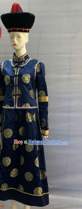 Chinese Heilongjiang Ethnic Female Garment Costume Traditional Ewenki Nationality Clothing Evenki Minority Folk Dance Navy Dress Uniforms and Headwear