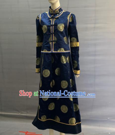 Chinese Heilongjiang Ethnic Female Garment Costume Traditional Ewenki Nationality Clothing Evenki Minority Folk Dance Navy Dress Uniforms and Headwear