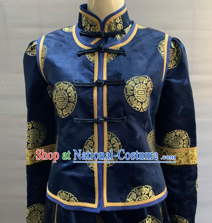 Chinese Heilongjiang Ethnic Female Garment Costume Traditional Ewenki Nationality Clothing Evenki Minority Folk Dance Navy Dress Uniforms and Headwear