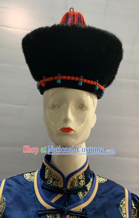 Chinese Heilongjiang Ethnic Female Garment Costume Traditional Ewenki Nationality Clothing Evenki Minority Folk Dance Navy Dress Uniforms and Headwear