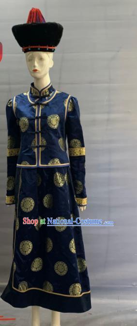 Chinese Heilongjiang Ethnic Female Garment Costume Traditional Ewenki Nationality Clothing Evenki Minority Folk Dance Navy Dress Uniforms and Headwear