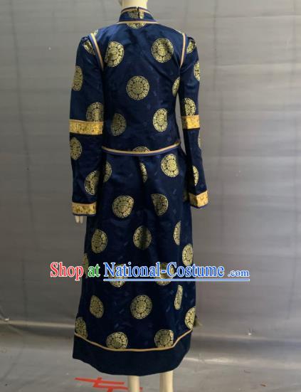 Chinese Heilongjiang Ethnic Female Garment Costume Traditional Ewenki Nationality Clothing Evenki Minority Folk Dance Navy Dress Uniforms and Headwear