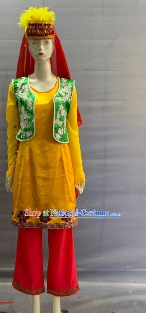 Chinese Qinghai Ethnic Female Garment Costume Traditional Salar Nationality Bride Clothing Minority Festival Folk Dance Yellow Dress Uniforms and Hat