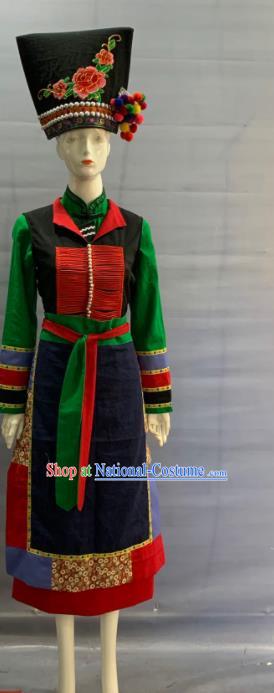 Chinese Yunnan Ethnic Female Garment Costume Traditional Blang Nationality Festival Clothing Pulang Minority Folk Dance Uniforms and Black Hat