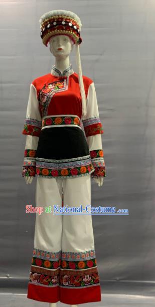 Chinese Minority Folk Dance Uniforms Yunnan Ethnic Female Garment Costume Traditional Bai Nationality Festival Clothing and Headwear