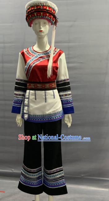 Chinese Traditional Bai Nationality Festival Clothing Minority Folk Dance Uniforms Yunnan Ethnic Female Garment Costume and Hat