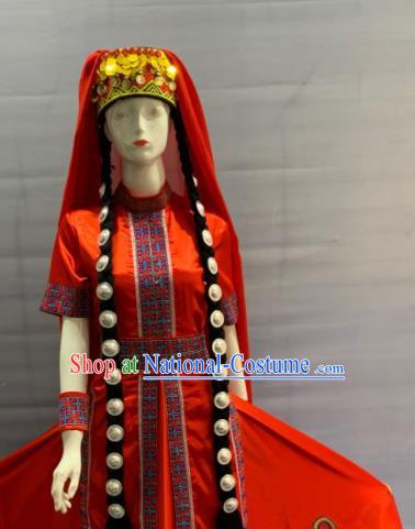 Chinese Traditional Kirgiz Nationality Wedding Clothing Khalkha Minority Folk Dance Red Dress Uniforms Xinjiang Ethnic Female Garment Costume and Headdress