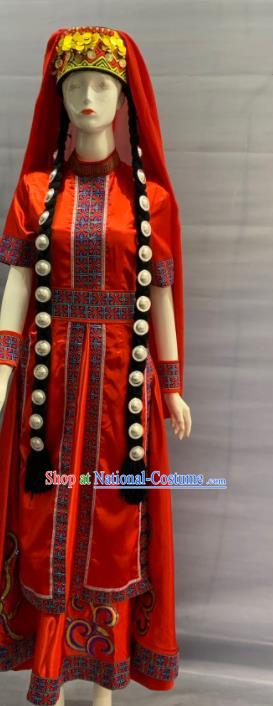 Chinese Traditional Kirgiz Nationality Wedding Clothing Khalkha Minority Folk Dance Red Dress Uniforms Xinjiang Ethnic Female Garment Costume and Headdress