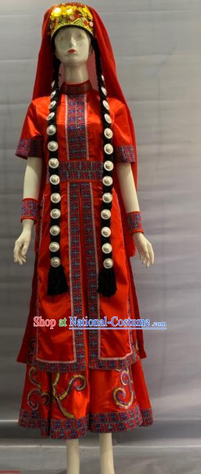 Chinese Traditional Kirgiz Nationality Wedding Clothing Khalkha Minority Folk Dance Red Dress Uniforms Xinjiang Ethnic Female Garment Costume and Headdress