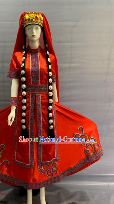 Chinese Traditional Kirgiz Nationality Wedding Clothing Khalkha Minority Folk Dance Red Dress Uniforms Xinjiang Ethnic Female Garment Costume and Headdress