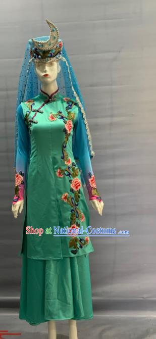 Chinese Traditional Hui Nationality Wedding Clothing Uyghur Minority Folk Dance Green Dress Uniforms Xinjiang Ethnic Bride Garment Costume and Hat