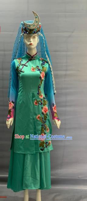 Chinese Traditional Hui Nationality Wedding Clothing Uyghur Minority Folk Dance Green Dress Uniforms Xinjiang Ethnic Bride Garment Costume and Hat