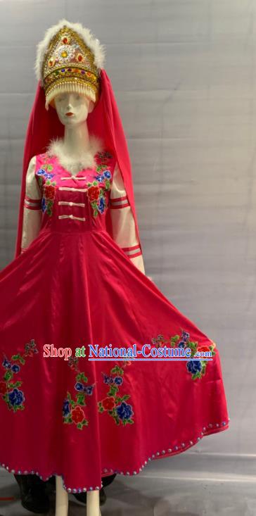 Chinese Traditional Xibe Nationality Clothing Sibe Minority Folk Dance Rosy Dress Uniforms Xinjiang Ethnic Bride Garment Costume and Headdress