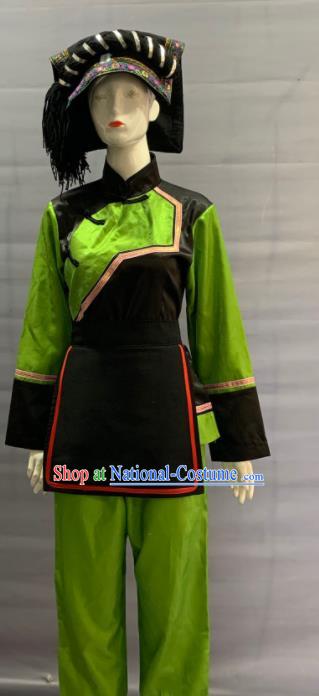 Chinese Traditional Gelo Nationality Clothing Kelao Minority Folk Dance Green Uniforms Guishou Ethnic Woman Garment Costume and Hat