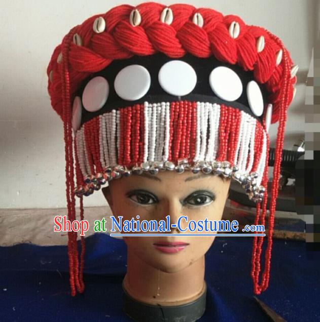 Handmade Chinese Yunnan Ethnic Woman Bells Beads Hat Lisu Nationality Folk Dance Headdress