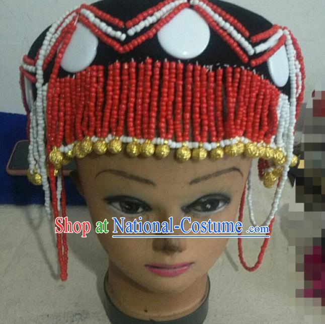 Handmade Chinese Lisu Nationality Headdress Yunnan Ethnic Woman Red Beads Hat