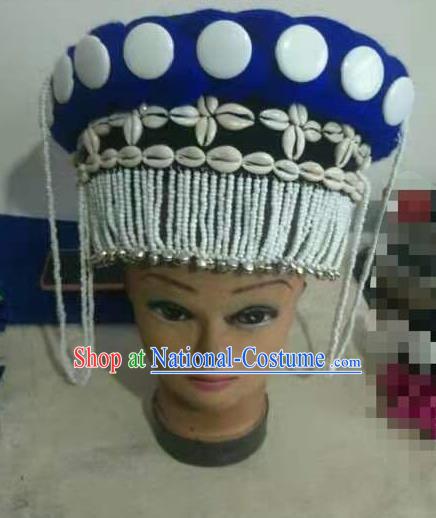 Handmade Chinese Yunnan Ethnic Woman Blue Hat Lisu Nationality Folk Dance Silver Bells Tassel Headdress