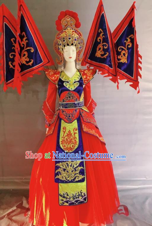 China Beijing Opera Female General Garment Costumes Traditional Peking Opera Blues Red Dress Clothing and Headdress