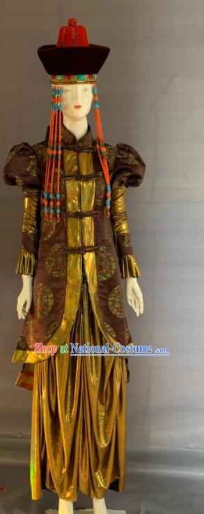 Chinese Mongol Nationality Wedding Clothing Minority Folk Dance Brown Dress Uniforms Mongolian Ethnic Traditional Garment Costume and Tassel Headdress