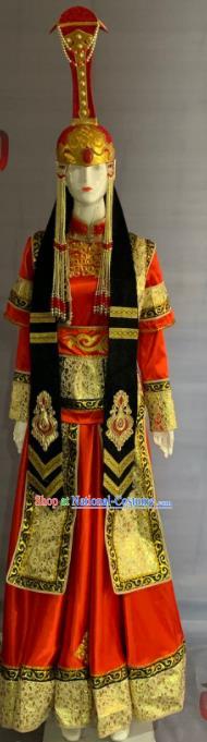 Chinese Mongol Nationality Bride Clothing Minority Folk Dance Red Dress Uniforms Mongolian Ethnic Wedding Garment Costume and Hat