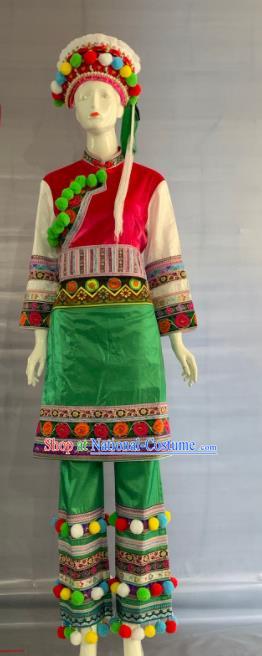 Chinese Bai Nationality Festival Clothing Yunnan Minority Folk Dance Green Uniforms Dali Ethnic Female Garment Costume and Hat