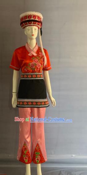 Chinese Yunnan Ethnic Female Garment Costume Bai Nationality Country Woman Clothing Minority Folk Dance Red Uniforms and Hat