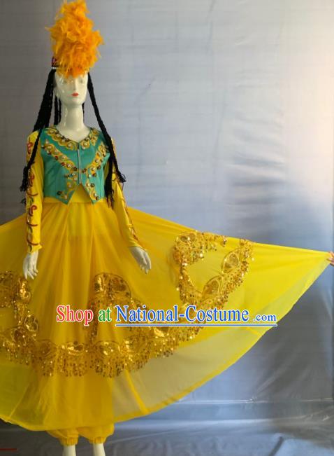 Chinese Uighur Minority Folk Dance Yellow Dress Uniforms Xinjiang Ethnic Female Garment Costume Uyghur Nationality Dance Clothing and Headpiece