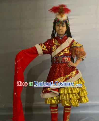 China Tibetan Ethnic Girl Stage Performance Garment Costumes Traditional Zang Nationality Folk Dance Clothing and Headwear