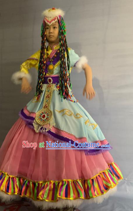 China Tibetan Ethnic Girl Garment Costumes Traditional Zang Nationality Folk Dance Dress Clothing and Headdress