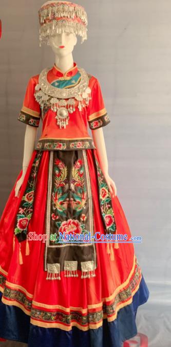 Chinese Miao Nationality Wedding Clothing Hmong Minority Bride Red Dress Uniforms Xiangxi Ethnic Folk Dance Garment Costumes and Silver Hat