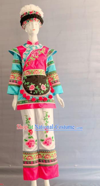 Chinese Bai Nationality Wedding Clothing Minority Woman Embroidered Uniforms Yunnan Ethnic Folk Dance Garment Costumes and Hat