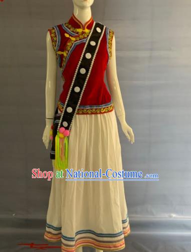 Chinese Lisu Nationality Woman Clothing Nu Minority Red Velvet Dress Uniforms Yunnan Ethnic Folk Dance Garment Costumes