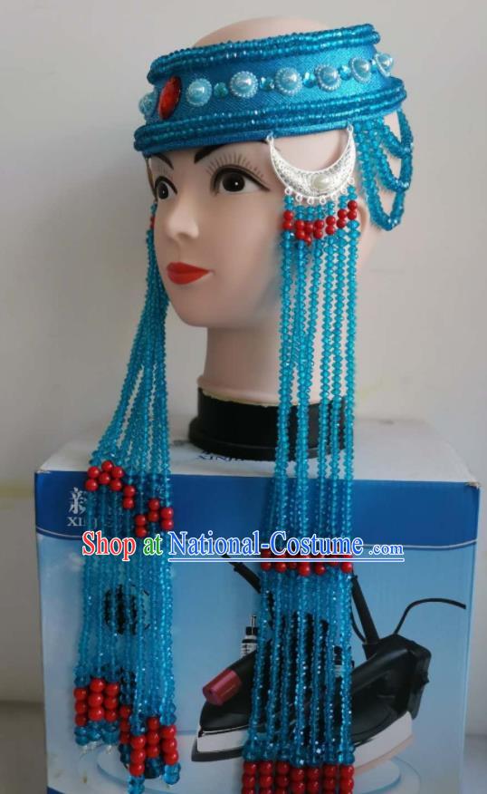 Handmade Chinese Mongol Nationality Folk Dance Blue Beads Tassel Headdress Mongolian Ethnic Bride Hat Headband