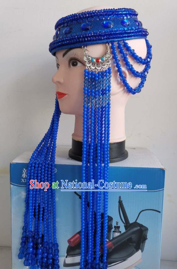 Handmade Chinese Mongol Nationality Wedding Royalblue Beads Tassel Headband Mongolian Ethnic Bride Hat