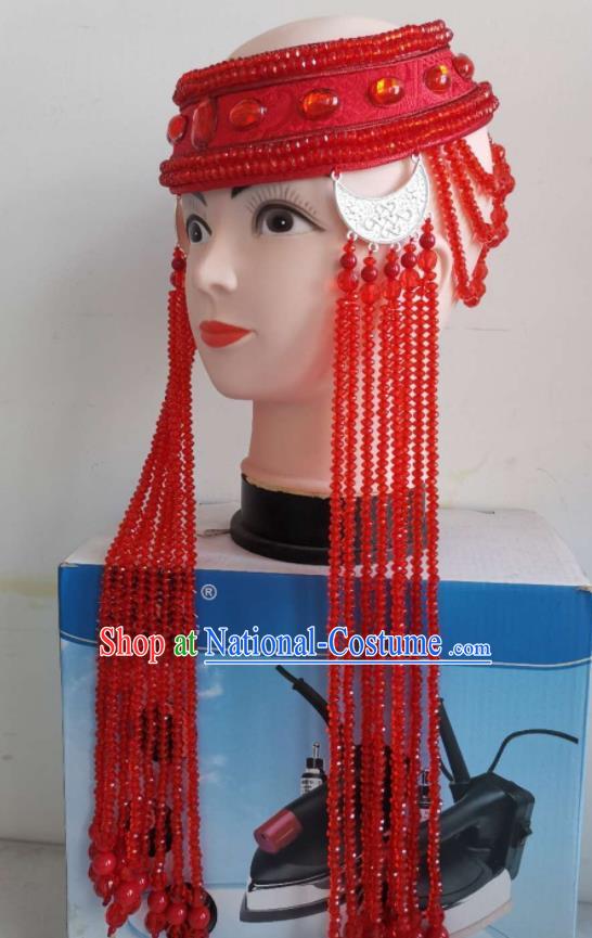 Handmade Chinese Mongol Nationality Dance Headband Mongolian Ethnic Wedding Bride Red Beads Tassel Hat