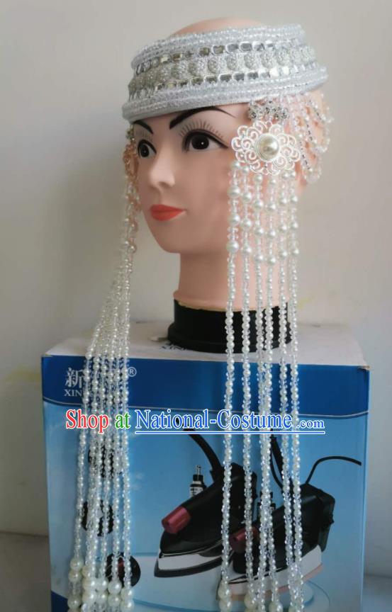 Handmade Chinese Mongolian Ethnic Wedding Bride White Beads Tassel Hat Mongol Nationality Dance Headband