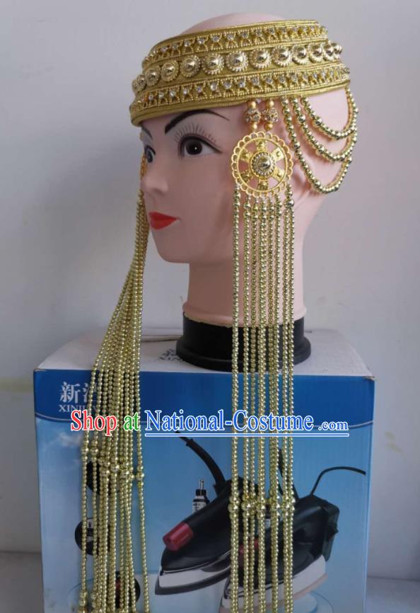 Handmade Chinese Mongol Nationality Wedding Headband Folk Dance Headdress Mongolian Ethnic Bride Golden Beads Tassel Hat