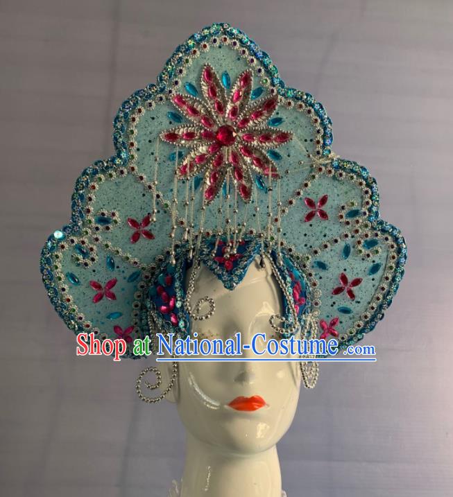 Handmade Russia Folk Dance Headdress Woman Blue Hat Russian Minority Performance Headwear