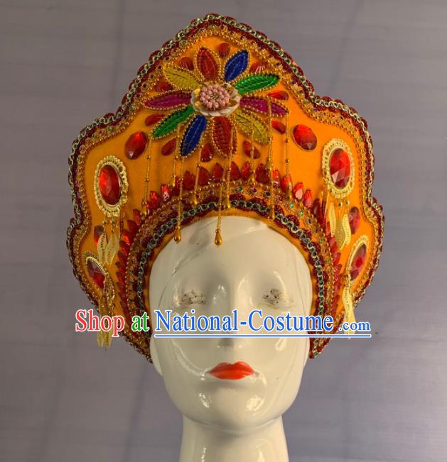 Handmade Russia Woman Yellow Hat Russian Minority Performance Headwear Folk Dance Headdress