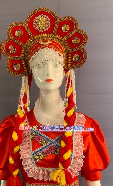 Handmade Russian Minority Performance Headwear Folk Dance Headdress Russia Woman Red Hat