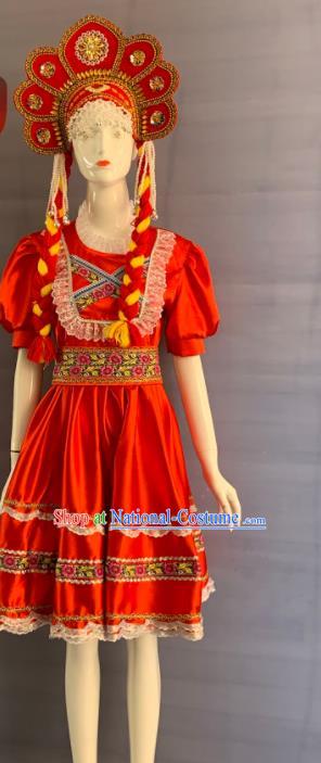 China Eluosi Ethnic Girl Garment Costumes Traditional Xinjiang Nationality Folk Dance Red Dress Clothing and Headwear