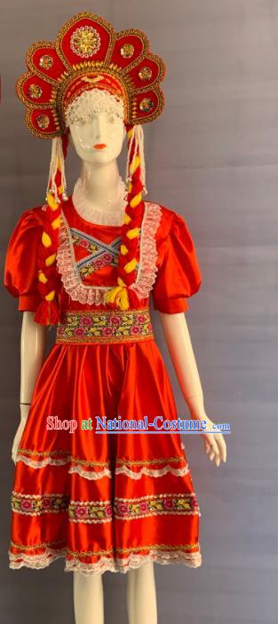 China Eluosi Ethnic Girl Garment Costumes Traditional Xinjiang Nationality Folk Dance Red Dress Clothing and Headwear