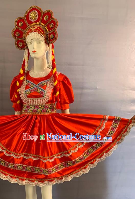 China Eluosi Ethnic Girl Garment Costumes Traditional Xinjiang Nationality Folk Dance Red Dress Clothing and Headwear