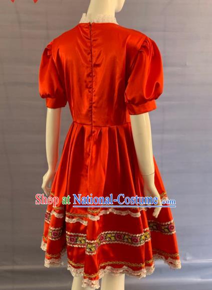 China Eluosi Ethnic Girl Garment Costumes Traditional Xinjiang Nationality Folk Dance Red Dress Clothing and Headwear