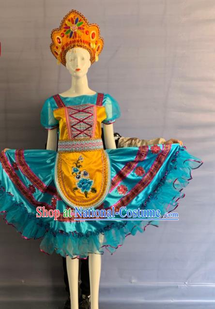 China Xinjiang Ethnic Girl Garment Costumes Traditional Eluosi Nationality Folk Dance Blue Dress Clothing and Hat