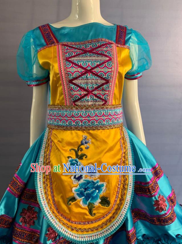 China Xinjiang Ethnic Girl Garment Costumes Traditional Eluosi Nationality Folk Dance Blue Dress Clothing and Hat