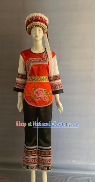 Chinese Bai Nationality Woman Clothing Minority Folk Dance Dress Uniforms Yunnan Ethnic Performance Garment Costume and Hat