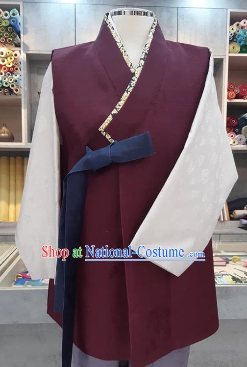 Korea Festival Clothing Wedding Hanbok Young Man Purple Vest White Shirt and Lilac Pants Korean Traditional Bridegroom Costumes