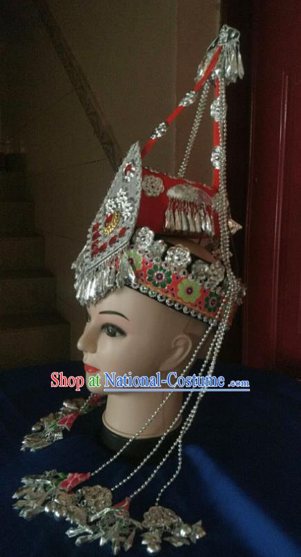 Handmade China Folk Dance Headdress Guangdong Ethnic Wedding Red Hat She Minority Performance Tassel Headwear