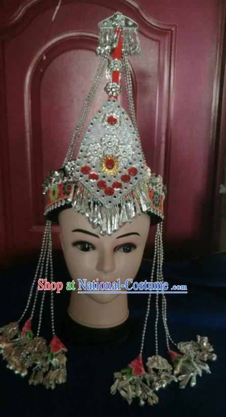 Handmade China Folk Dance Headdress Guangdong Ethnic Wedding Red Hat She Minority Performance Tassel Headwear